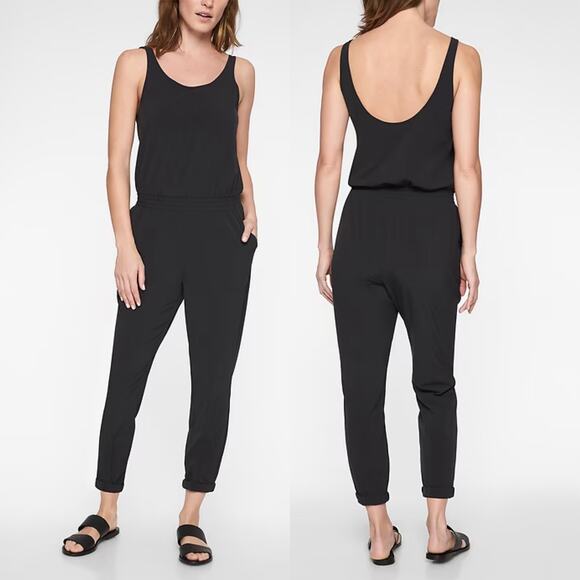 Athleta Roaming Black Sleeveless Smocked Scoop Back Slim Straight Leg Jumpsuit 6 - Picture 2 of 14